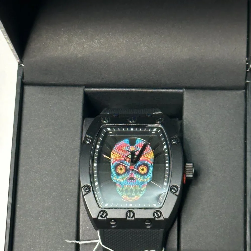 NEW Matte Black Silicone Strap Multicolor Skull Ed Hardy Watch